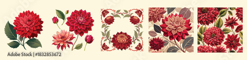 Crimson Red Dahlia Floral Vector Illustration Bundle with Solid Icon, Seamless Patterns, Embroidered Wreath Frame, Decorative Border, Botanical Background for Luxury Branding, Poster and Card Design