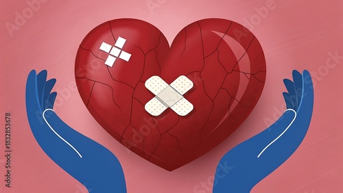 Healing a broken heart with bandages held by caring hands