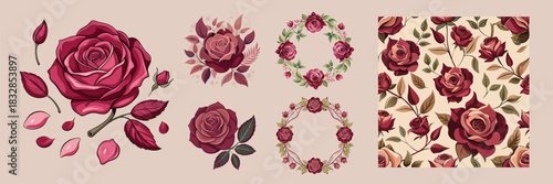 Burgundy Rose Floral Vector Illustration Set with Solid Icon, Seamless Pattern, Decorative Wreath Frame, Vintage Background, Romantic Botanical Elements for Wedding, Branding, Packaging  Card Design