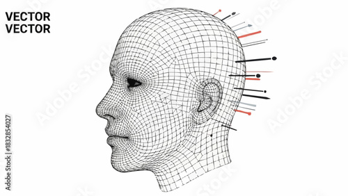 Wireframe human head with acupuncture needles for mental health treatment.