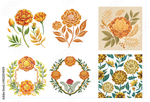 Brass Marigold Floral Vector Illustration Set with Solid Icon, Seamless Pattern, Decorative Frame, Wedding Wreath, Vintage Background for Branding, Packaging, Logo, Poster, Card, Textile Design