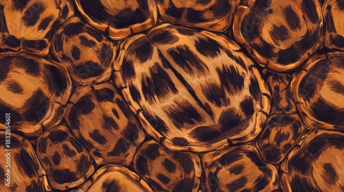 Turtle shell texture with copy space. Close-up turtle pattern. Reptile shell design. Turtle scales. Realistic turtle shell. Turtle design texture. Detailed turtle shell close-up. Wild Animal texture.	