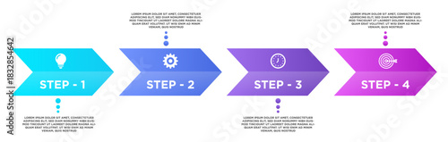 Gradient chevron arrow infographic vector design for business presentation workflow steps or educational process visualization, featuring bulb, gear, clock, and target icons.