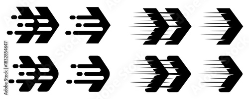 Chevron arrow vector icons with speed lines and fluid motion dots symbolizing fast delivery, quick action technology, or powerful movement for logo and graphic design.