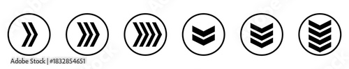 Chevron arrow vector icons inside circles pointing right and down perfect for user interface, web design, navigation buttons or abstract graphic representation of movement or direction.
