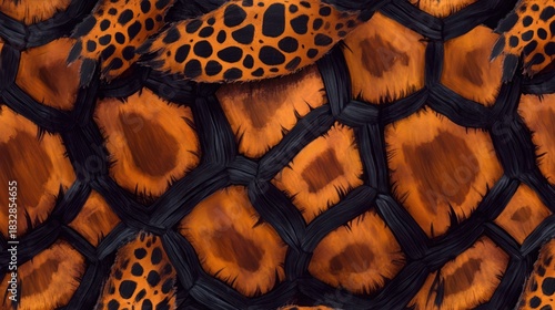 Turtle shell texture with copy space. Close-up turtle pattern. Reptile shell design. Turtle scales. Realistic turtle shell. Turtle design texture. Detailed turtle shell close-up. Wild Animal texture.	
