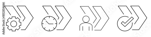 Linear chevron process vector icons combined with gear clock user and checkmark symbols representing steps workflow, settings time management, or successful completion in a clean style.