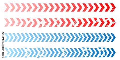 Horizontal distressed grunge chevron arrow borders vector designs featuring gradient color transitions, perfect for web dividers, warning banners, or sporty graphic design assets.