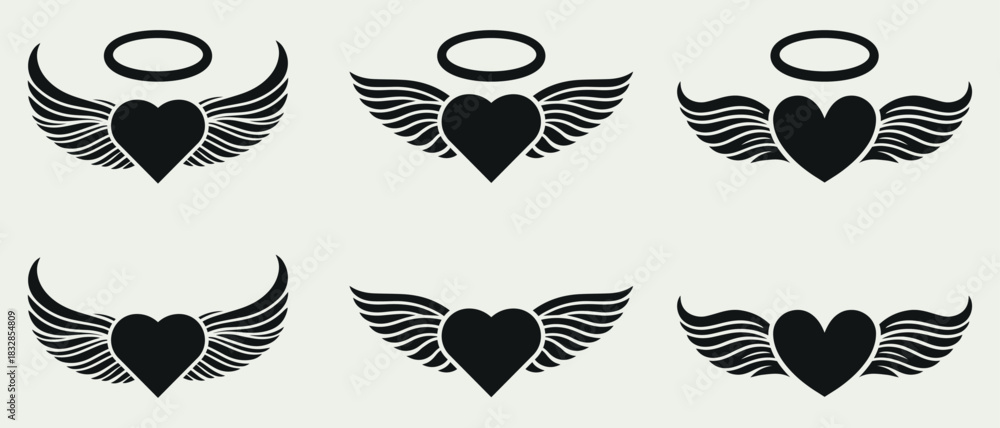 Obraz premium Heart vector illustrations with angel wings and spiritual halos symbolizing love, emotion, and heavenly protection, ideal for tattoo artwork, apparel prints, and romantic spiritual concepts.