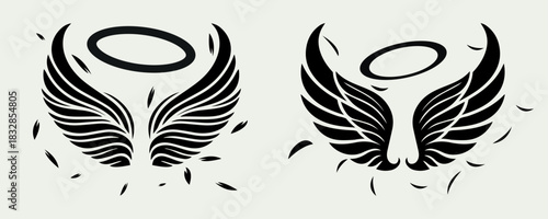 Angel wings vector designs featuring spiritual halos and floating feathers symbolizing freedom and divine themes, ideal for tattoo concepts, logo artwork, memorial designs, and apparel print projects.