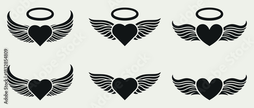 Heart vector illustrations with angel wings and spiritual halos symbolizing love, emotion, and heavenly protection, ideal for tattoo artwork, apparel prints, and romantic spiritual concepts.