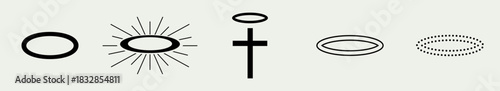 Spiritual vector shapes featuring halos, sunburst rays, cross eye and abstract ovals symbolizing divine, knowledge and ethereal grace ideal for logo or tattoo design concepts.