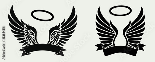 Angel wings vector illustrations with spiritual halo and ribbon banner designed for custom text, symbolizing memorial themes, and adaptable for tattoo artwork or logo design projects.