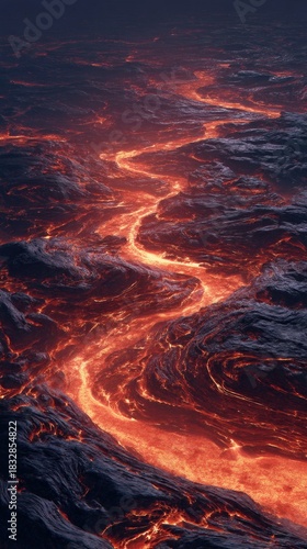 Lava flowing through rocky terrain at night