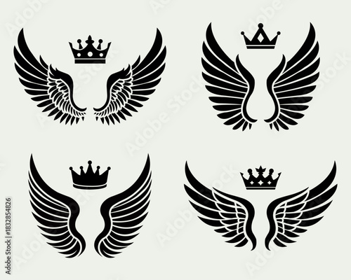 Angel wings vector collection featuring distinct icons with detailed feather patterns and symbolic shapes, ideal for spiritual branding, tattoo artwork, and digital graphic design projects.