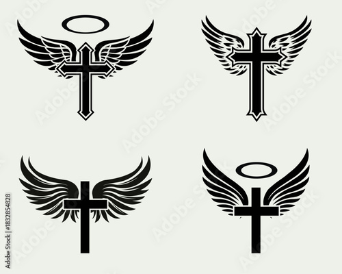 Cross vector illustrations with angel wings and spiritual halos symbolizing faith and protection, ideal for tattoo artwork, memorial concepts, apparel prints, and religious graphic design projects.