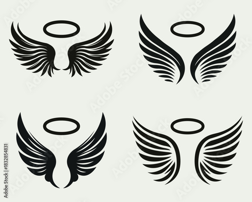 Angel wings vector collection featuring distinct feathered icons with varied shapes and symbolic elements, ideal for tattoo artwork, spiritual themes, and digital illustration projects.