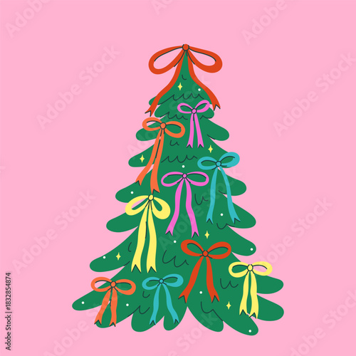 Christmas tree decorated with colorful bows. Vector graphics.