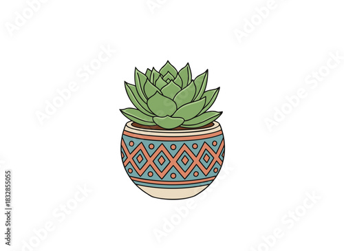 A stylized green succulent plant in a decorative pot with geometric patterns and earthy tones on a black background isolated vector illustration