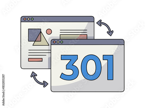 Website Redirection Concept With 301 Status Code Displayed On Screen And Abstract Shapes On Another Screen With Circular Arrows Symbolizing Data Flow Vector Illustration