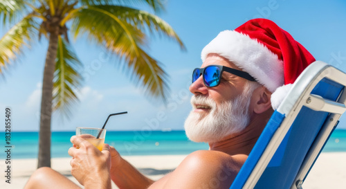 Santa Claus relaxing on a tropical beach chair, wearing sunglasses and a festive red hat, enjoying a colorful cocktail with palm trees and ocean in the background, perfect for holiday vibes