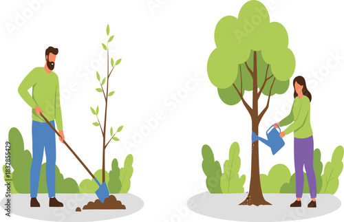 Flat Vector Illustration of People Planting and Caring for Trees Reforestation Environmental Protection and Nature Conservation