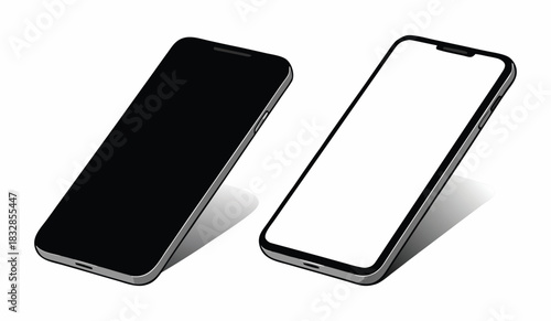 Two smartphones, one with a black screen and the other with a white screen, on a white background
