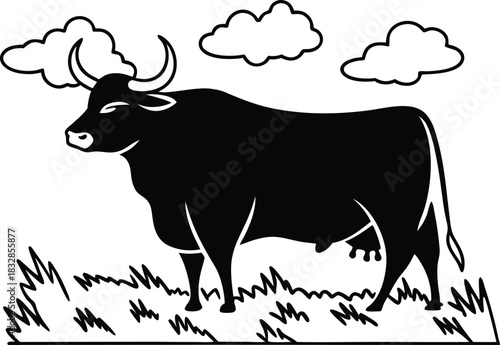 Standing bull in a field silhouette isolated on transparent background