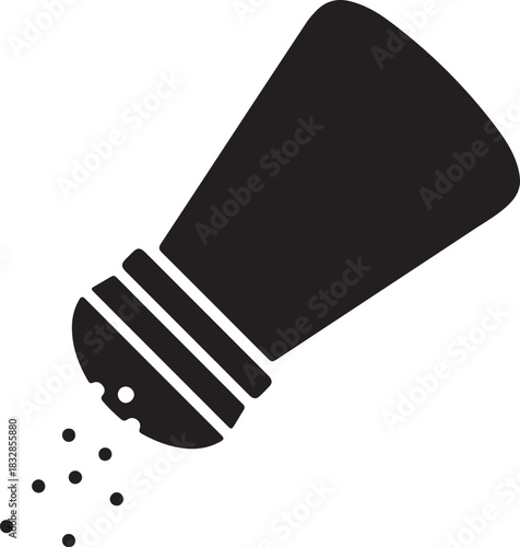 Black silhouette of a salt shaker with salt granules falling out isolated on transparent background