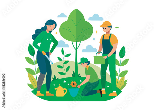 People planting young trees and gardening with green plants in natural outdoor environment with beige background