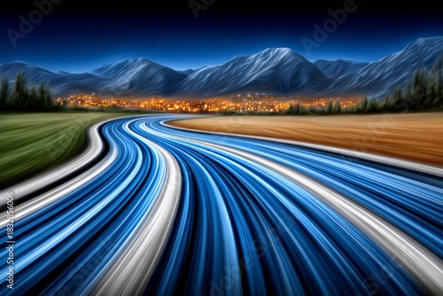Stylized light trail highway, blue and white, representing a journey to a mountain town at night