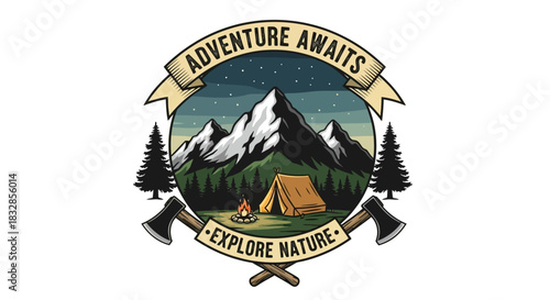 Camping adventure badge with mountains, tent, campfire, and axes