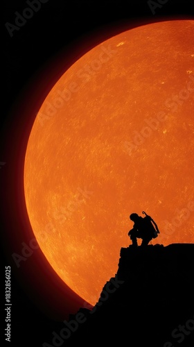Adventurer gazing at the rising orange moon