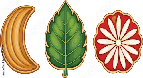 Vector Illustration Set of Decorative Cookies or Biscuits Moon Leaf and Flower Shapes with Colorful Icing and Sweet Design