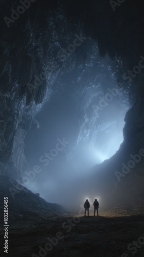 Explorers venture into a mysterious cave at night