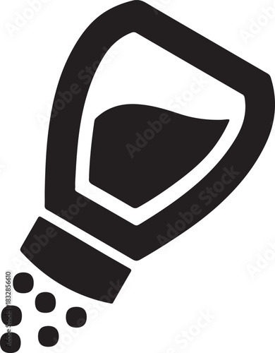 Black silhouette of a spice shaker or salt dispenser with granules falling out isolated on transparent background