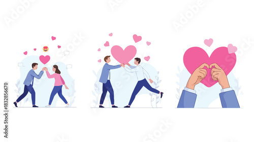 Diverse expressions of love and connection shown through three distinct scenes featuring people holding hearts and forming heart shapes symbolizing romance and affection
