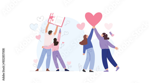Diverse group of people celebrating love and knowledge by holding up a book and a heart symbol together with a sense of unity and joy