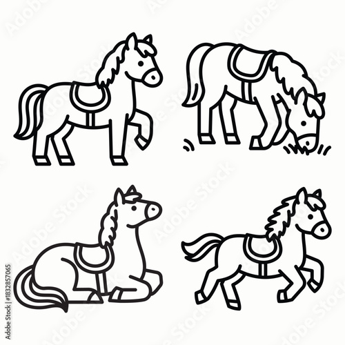 Horse icon collection featuring standing, running, walking, and lying postures. Symbolizes strength, speed, agility, calmness, and natural movement.