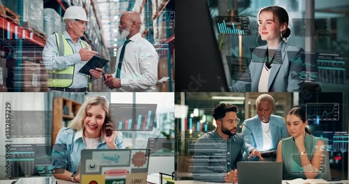 Trading, visualization and composite with business people, internet and starts for investment growth. Employees, group and investors in workplace, technology or charts for profit increase and overlay