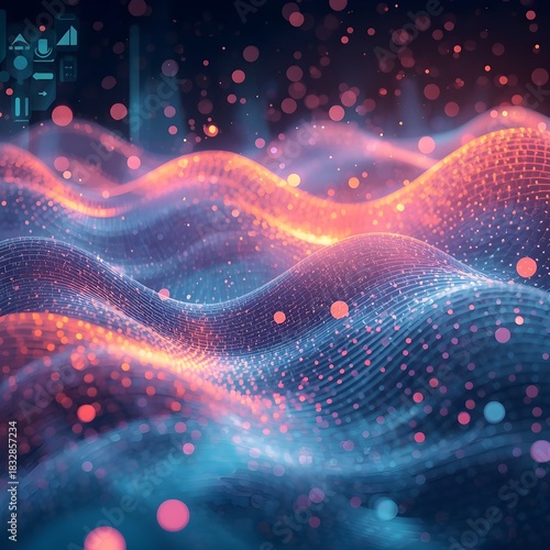 Abstract data-flow waves with geometric shapes and soft gradients, tech vector illustration