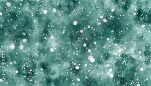 Abstract winter watercolor dark turquoise background with highlights and fluffy falling snow. Empty space for your text. Illustration.