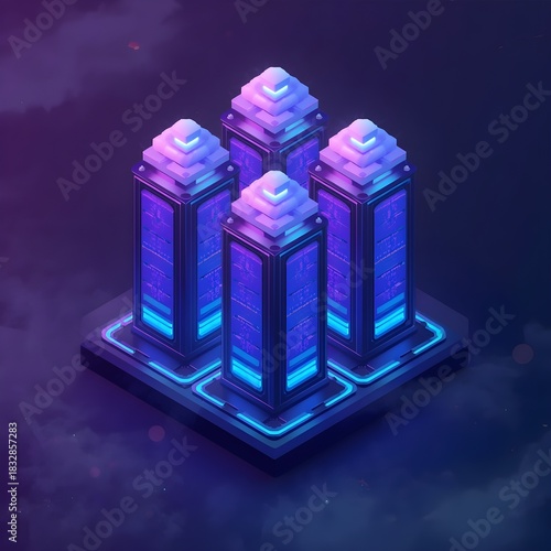 Cloud-computing isometric vector server towers with glowing accents