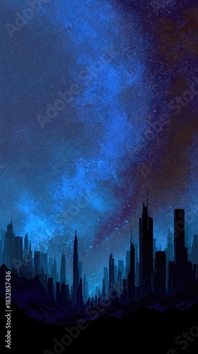 City skyline under a starry night sky