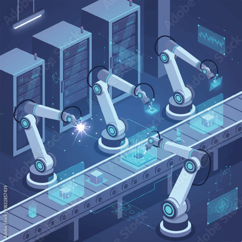 Minimal vector of robotic arms in automated factory setting, clean tech style.eps