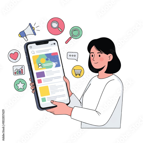 A woman holding a smartphone with various social media icons floating around it on a white background.
