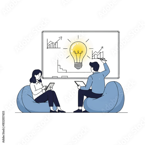 Two professionals sitting on bean bags in front of a large screen with a lightbulb and graphs, engaged in a creative business meeting with a minimalist and modern feel.