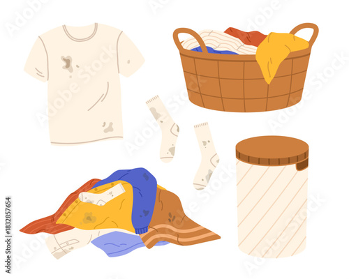 Dirty laundry set. Laundry basket. Messy pile of dirty clothes. Flat vector isolated illustration