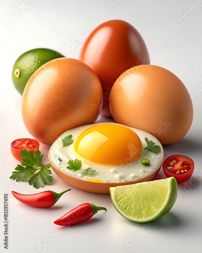 Fresh eggs and fried egg with vegetables on white background