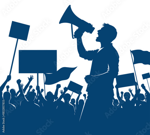 Powerful silhouette of a leader inspiring a crowd during a protest, capturing the spirit of social activism and community engagement in a dynamic design